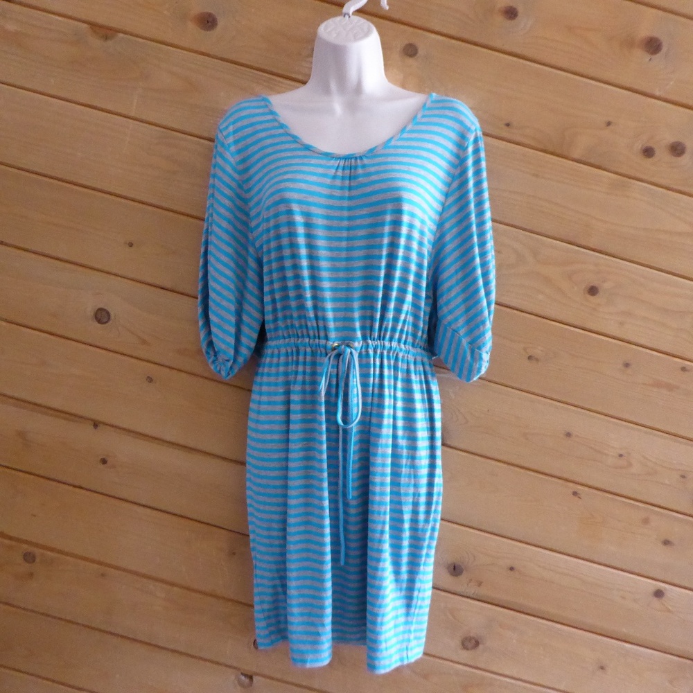 Calvin Klein Blue Gray Stripe Dolman Short Sleeve Jersey Stretch Elastic Dress